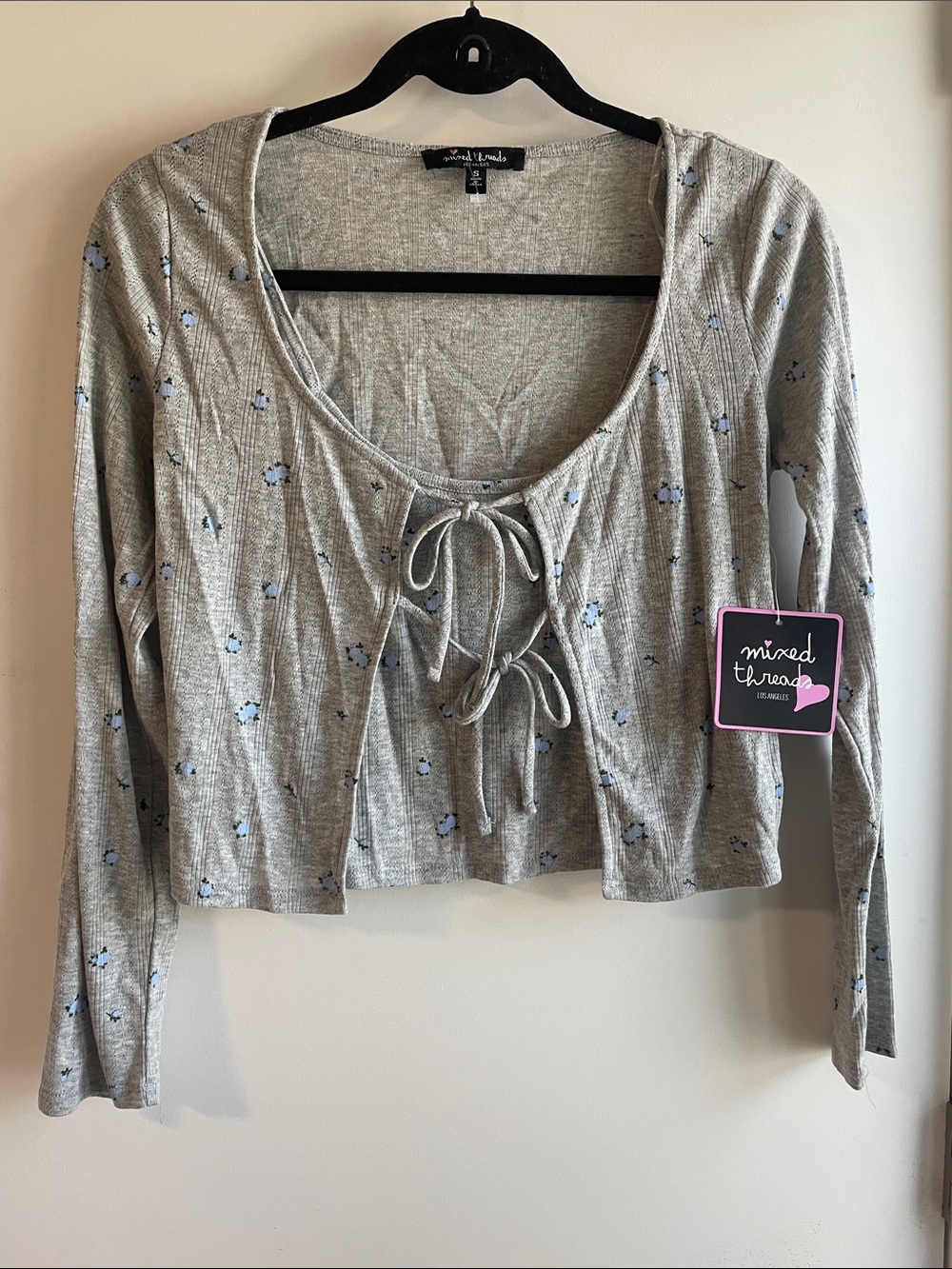 Gray Floral Tie-Front Long Sleeve Top